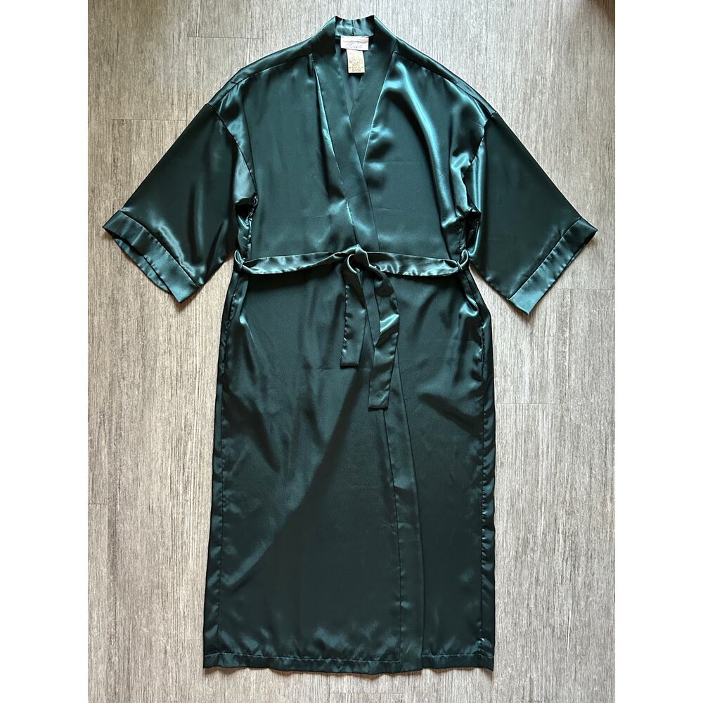 ✨ Vintage Dentelle Emerald Green Satin 3/4-Sleeve Full-Length Robe Size Large